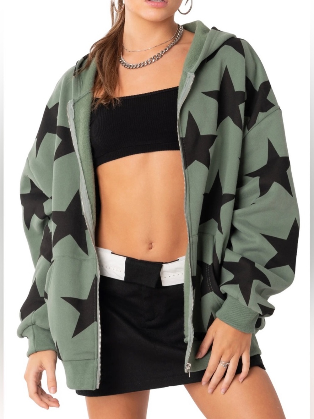 Edikted Oversized Star Zip Up Hoodie